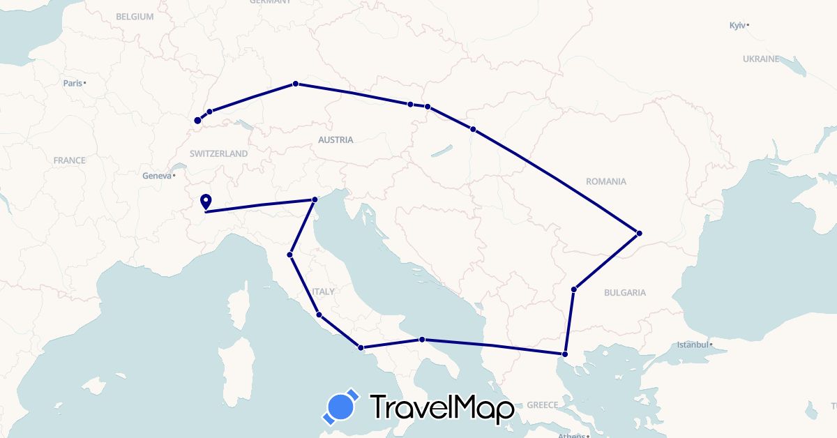 TravelMap itinerary: driving in Austria, Bulgaria, Germany, France, Greece, Hungary, Italy, Romania, Slovakia (Europe)